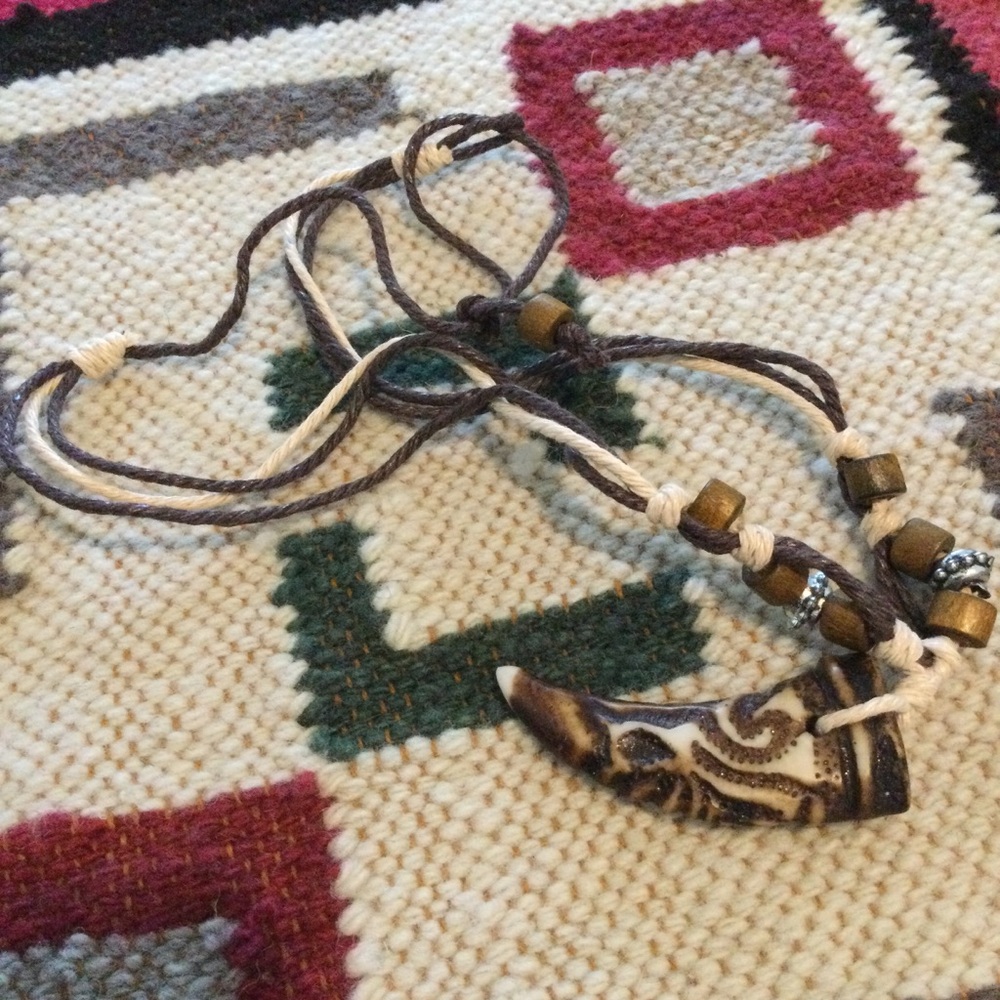 Boho Tribal Tooth Pendant Necklace in Brown and Cream